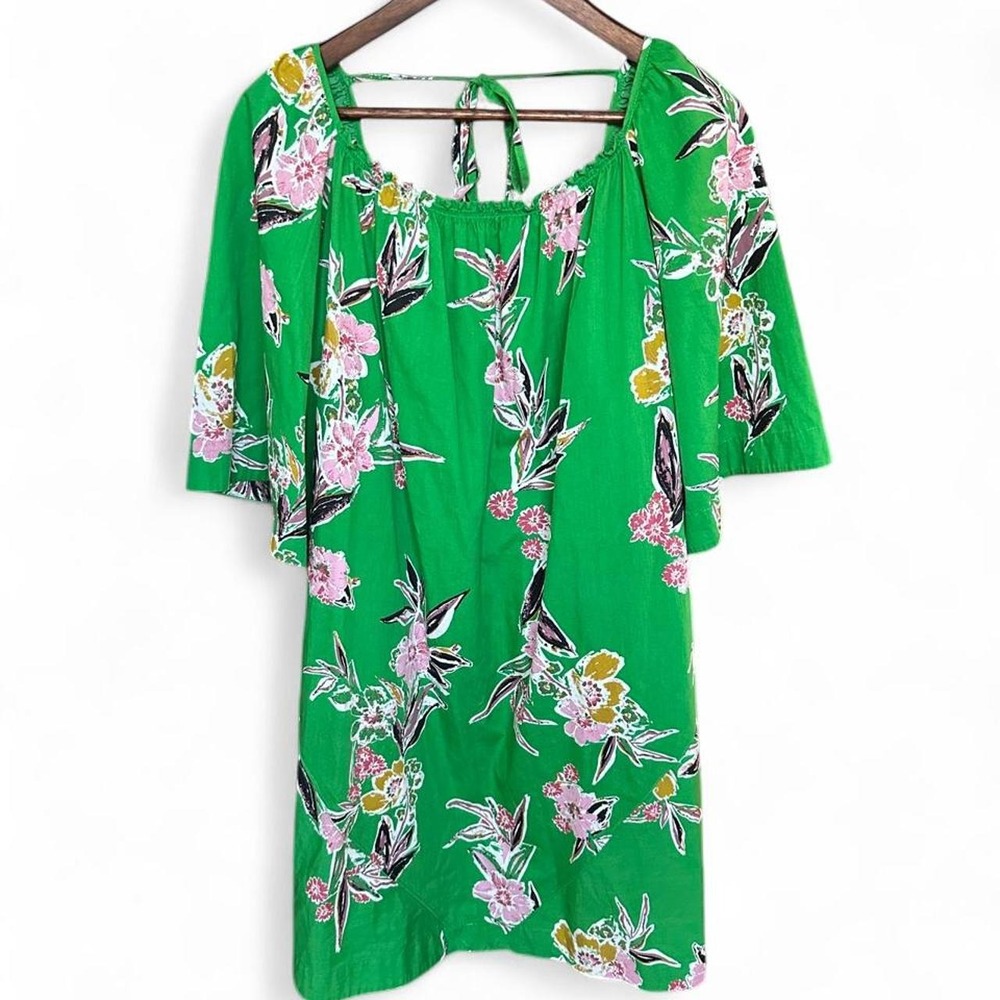 Free People Bright Green Pink Floral Square Neck Short Sleeve Mini Dress XL